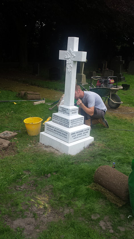Our stone masons have prepared the ground and reseated the stone, and are making preparations for the levelling process. The stone has been re lettered and re polished.